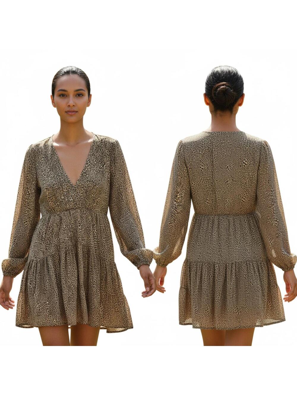 Leopard Print Long Sleeve Mini Dress V Neck Tiered Casual